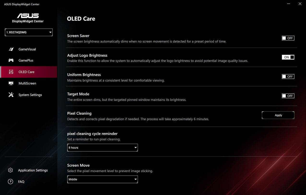 ASUS DisplayWidget Center UI showing control and customize features, such as GamesPlus, GameVisual,Spatial Screen, and Multi-Screen.