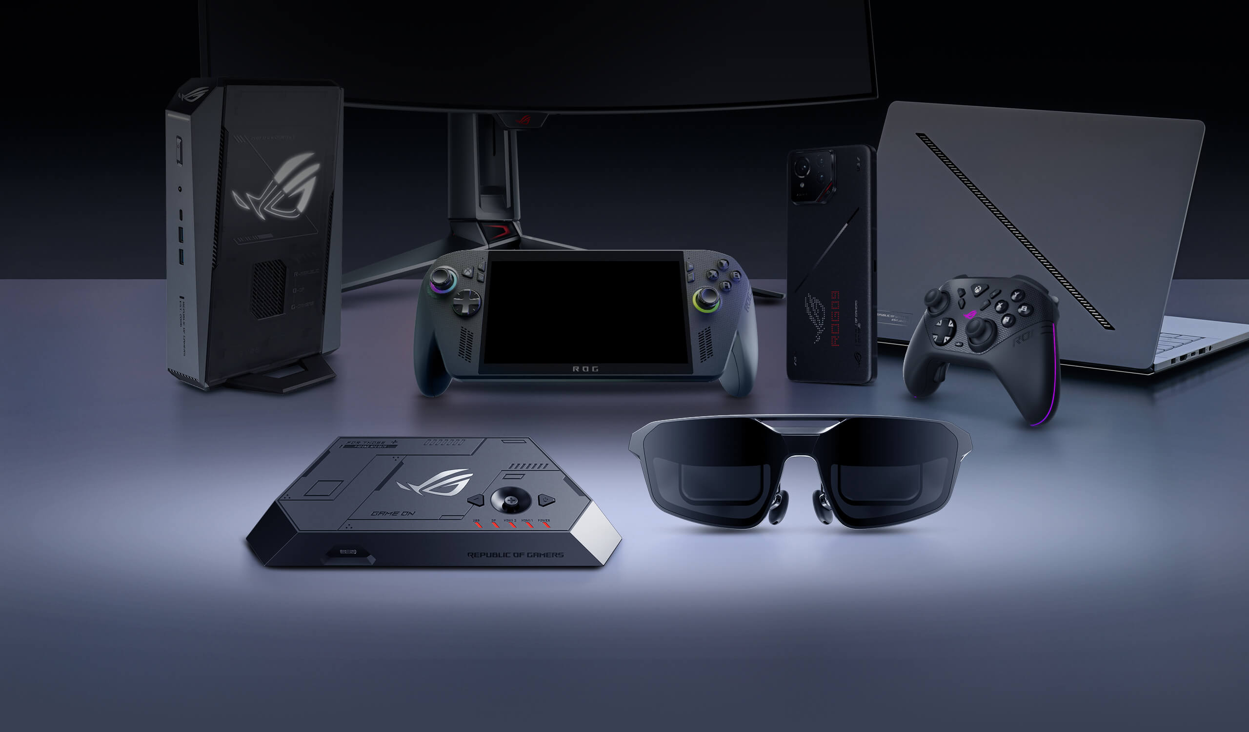 Show all ROG gaming products, including ROG R1 Gaming Glasses, ROG Control Dock, ROG NUC mini PC, ROG Gaming Monitor, ROG Xbox Ally Handheld, ROG Xbox Controller, ROG phone and ROG Zephyrus laptop