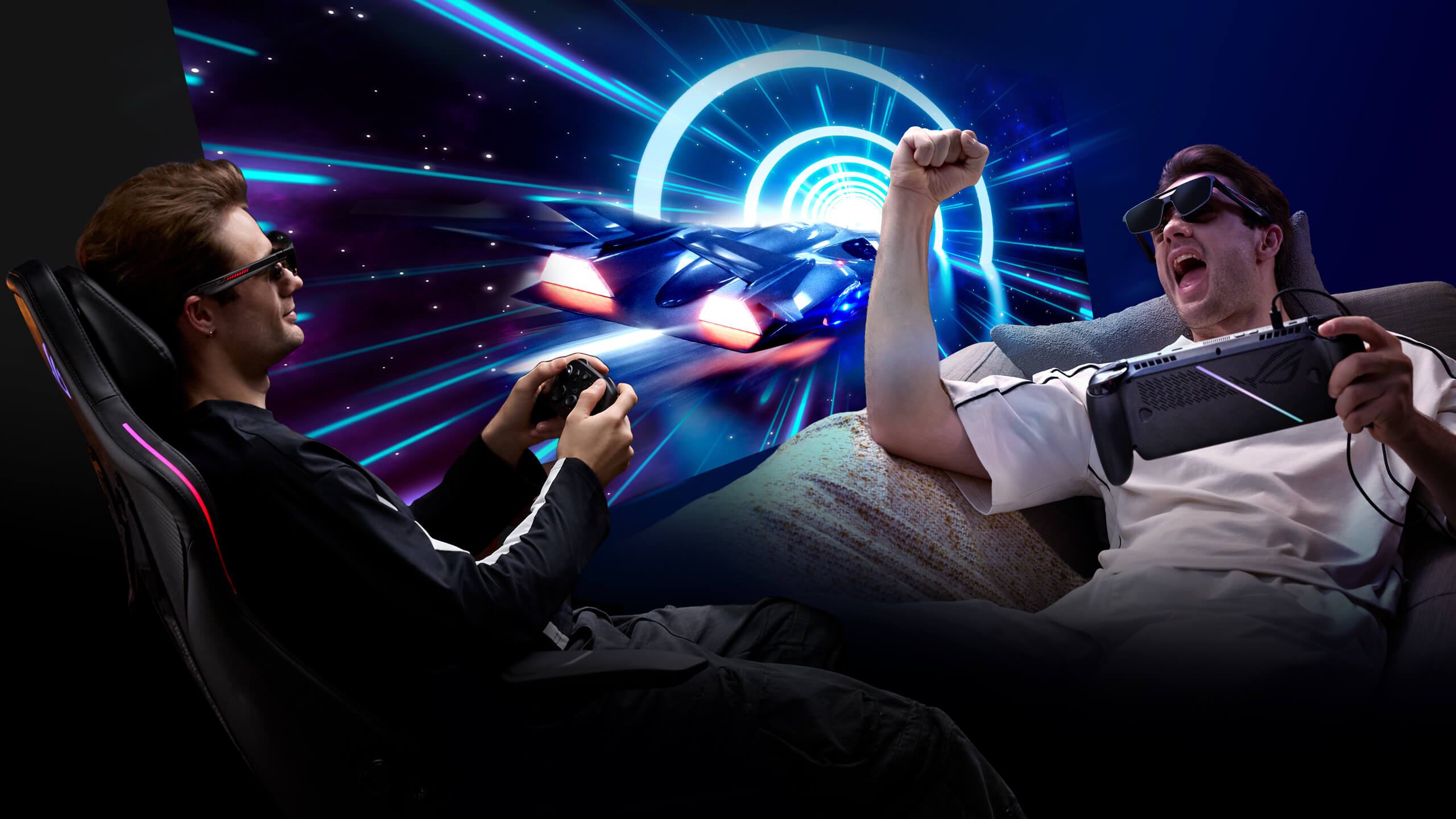 Two men using ROG R1 Gaming AR glasses to play a futuristic space game on controllers with PC set-up and on ROG Xbox Ally handheld device.